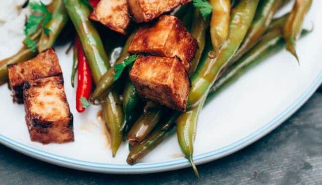 Almond butter tofu with green beans vegan gluten-free recipe