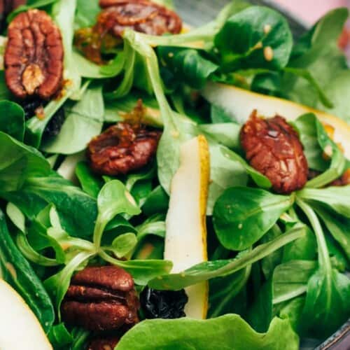 Pear salad with caramelized pecans and dried cherries recipe