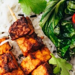 crispy vegan tempeh skewers with peanut butter sauce