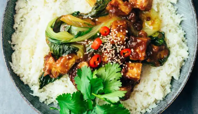 crispy cashew butter tofu with cauliflower rice recipe