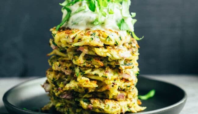 Zucchini potato pancakes with tzatziki