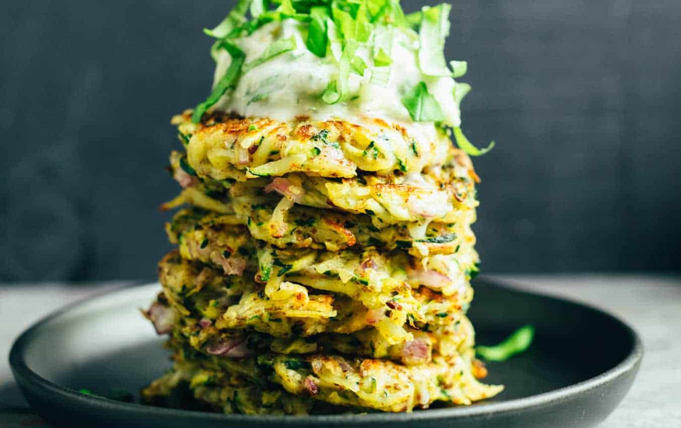 Zucchini potato pancakes with tzatziki