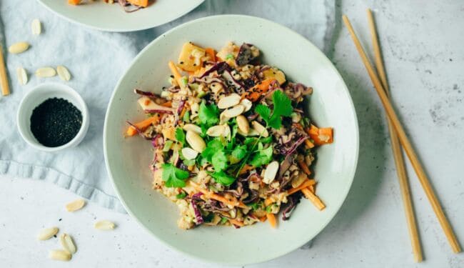 Vegan rice salad with peanut sauce