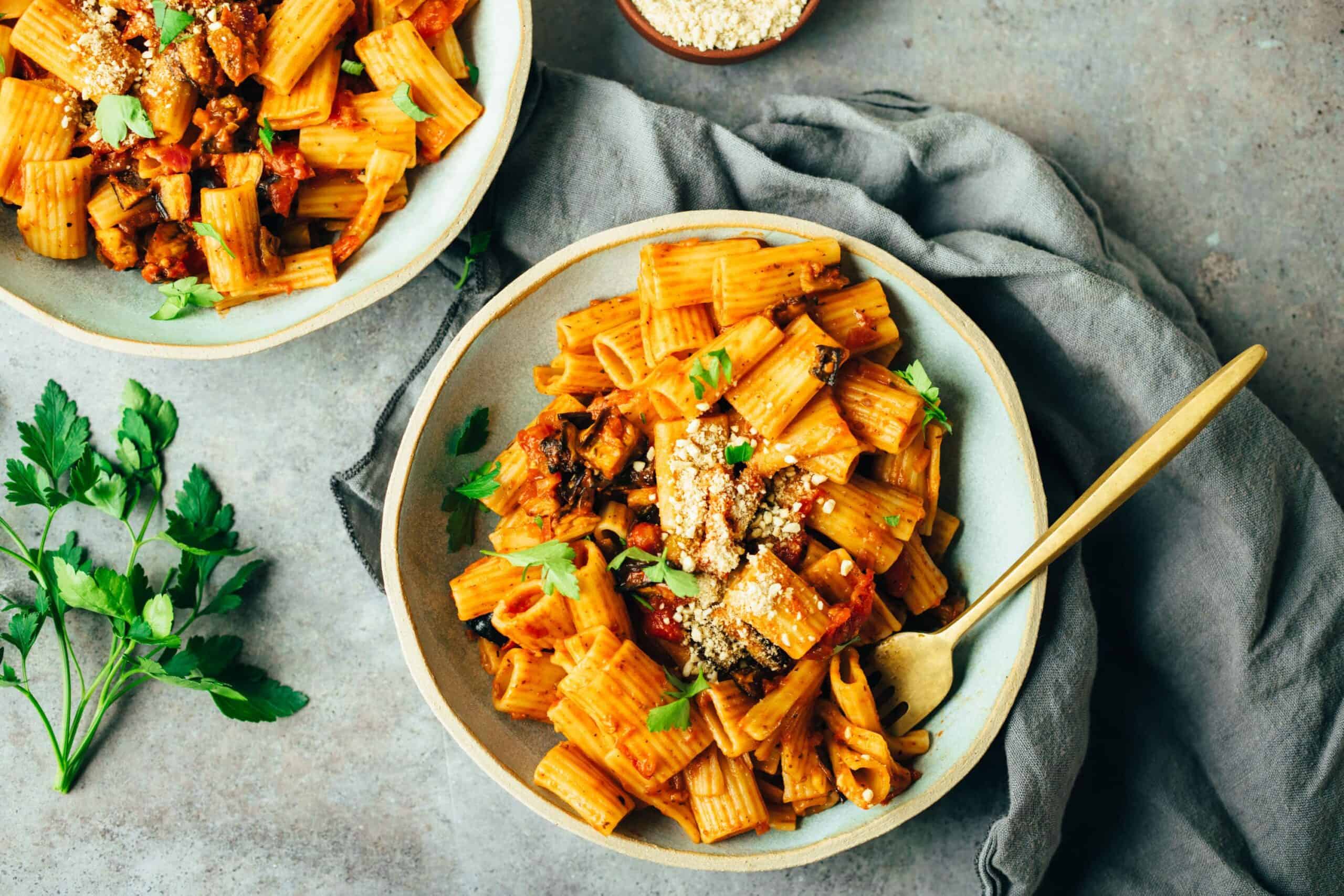 Pasta alla Norma with oven roasted eggplant (30 minutes)