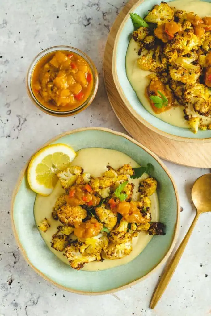 Roasted cauliflower on mashed potatoes and mango chutney