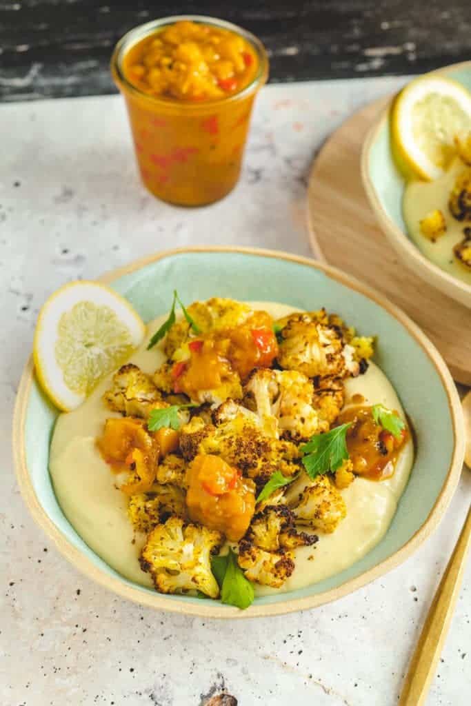 Roasted cauliflower on mashed potatoes and mango chutney