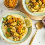 Roasted cauliflower on mashed potatoes and mango chutney