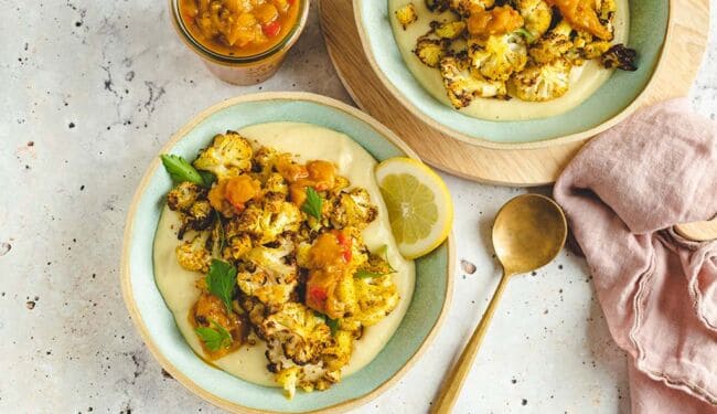 Roasted cauliflower on mashed potatoes and mango chutney