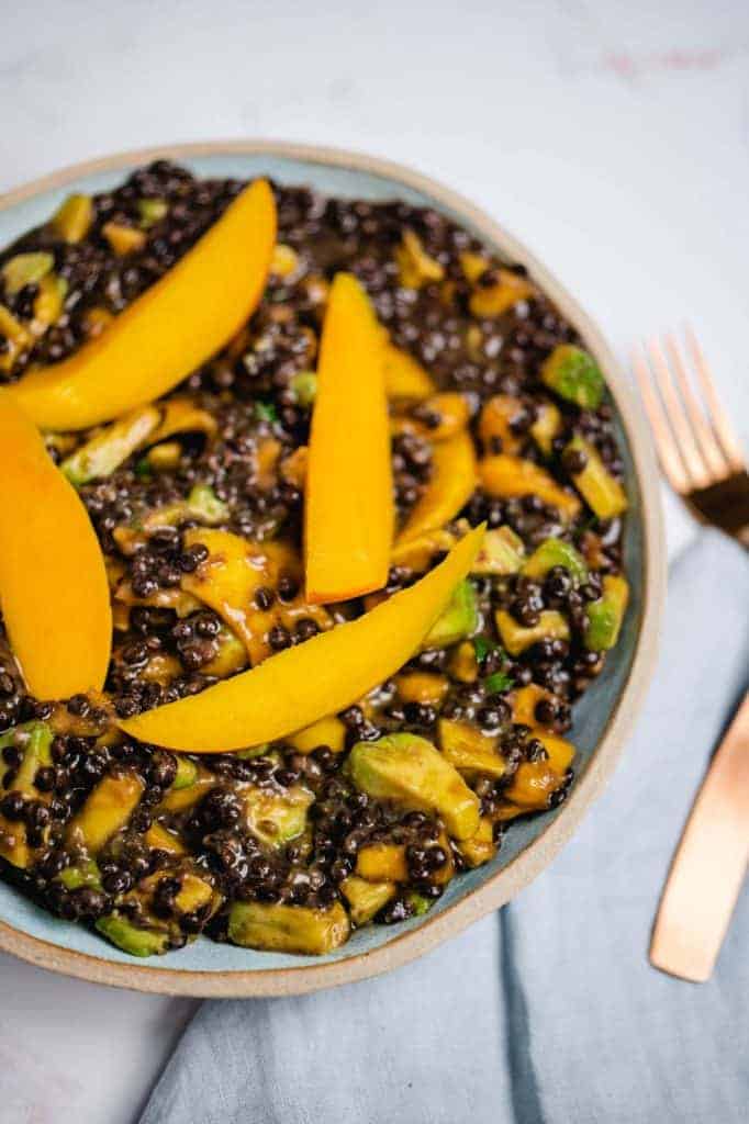 Salad with beluga lentils, avocado and mango (v &amp; gf)