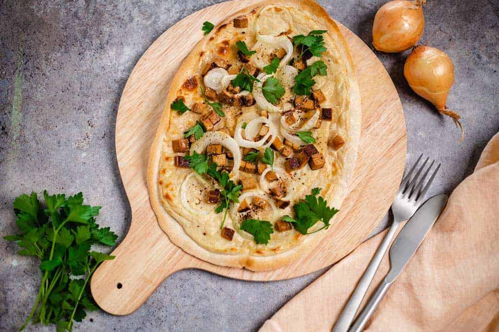 Vegan tarte flambée Alsatian style
