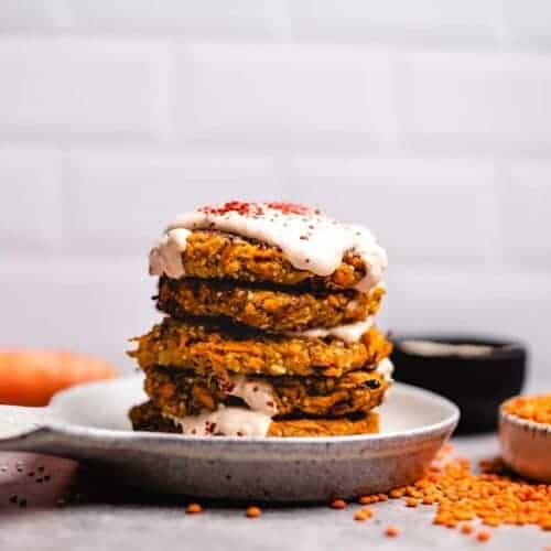 Quinoa Red Lentil Puffer with Harissa Yogurt (vegan & gluten-free)