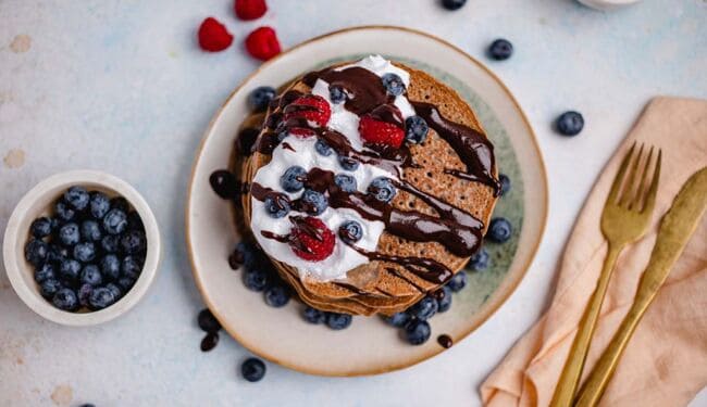 Buckwheat pancakes with chocolate sauce (v&gf)