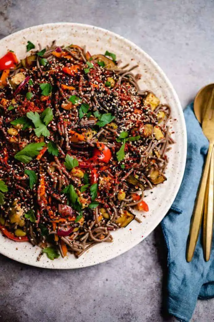 Buckwheat noodles with roasted eggplant and edamame (vegan & gluten-free) recipe