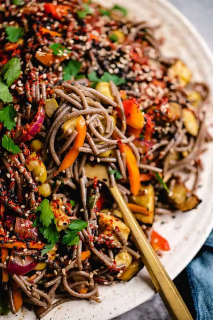 Buckwheat noodles with roasted eggplant and edamame (vegan & gluten-free) recipe