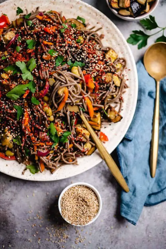 Buckwheat noodles with roasted eggplant and edamame (vegan & gluten-free) recipe