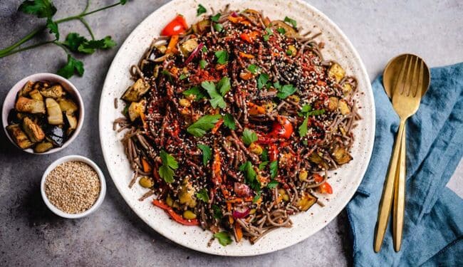 Buckwheat noodles with roasted eggplant and edamame (vegan & gluten-free) recipe