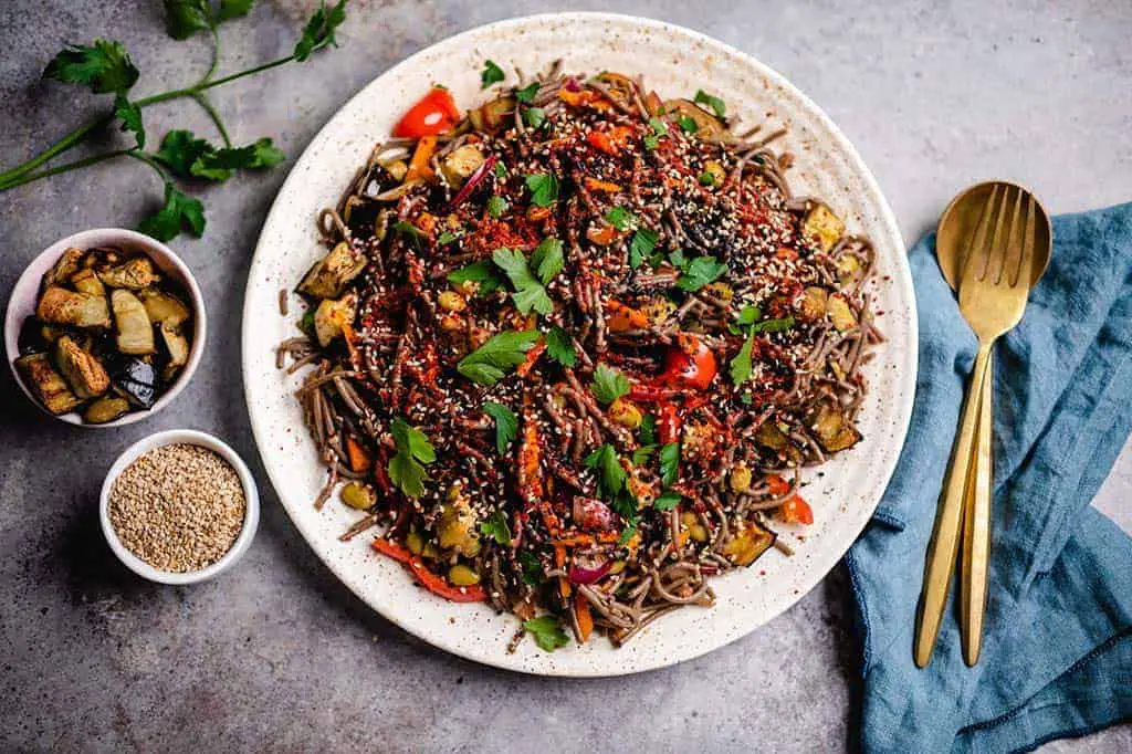 Buckwheat noodles with roasted eggplant and edamame (vegan & gluten-free) recipe