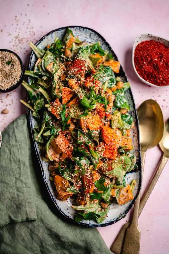 Sweet potato salad with harissa (vegan &amp; gluten-free) recipe, with refreshing yogurt dressing.