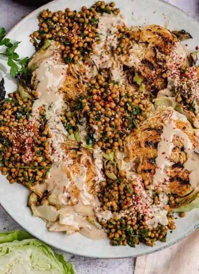 Grilled white cabbage steaks with chimichurri lentils (vegan) recipe
