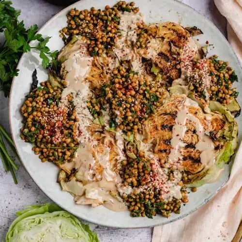 Grilled white cabbage steaks with chimichurri lentils (vegan) recipe