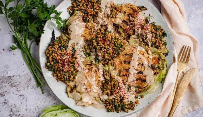 Grilled white cabbage steaks with chimichurri lentils (vegan) recipe