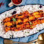 Grilled tofu pineapple skewers on rice