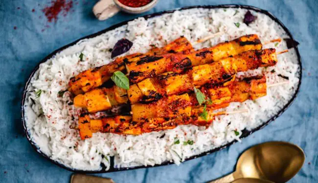 Grilled tofu pineapple skewers on rice