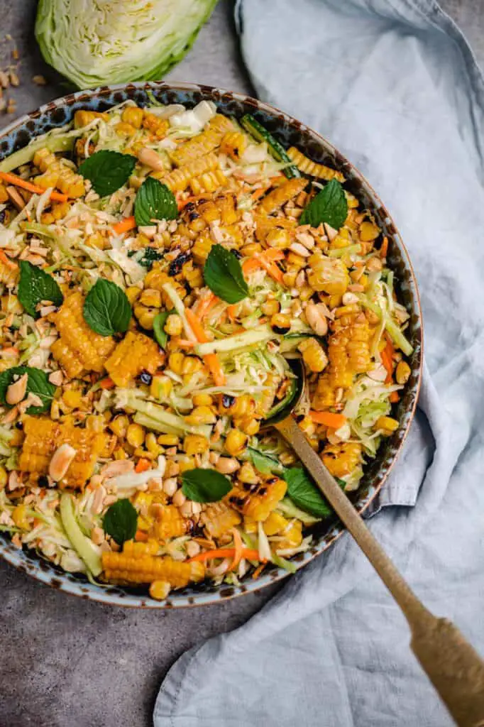 White cabbage salad with grilled corn and peanut butter dressing (vegan, gluten-free) recipe