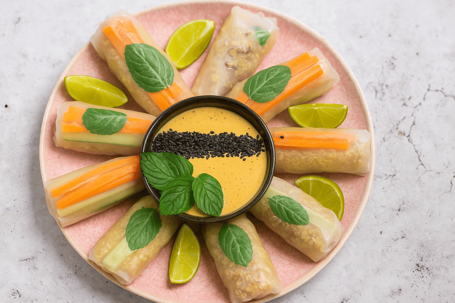 Vegane Sommer Rollen mit Alfalfa Sprossen und Cashew Sauce