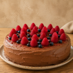 Vegan chocolate-raspberry cake with fresh berries on a plate.