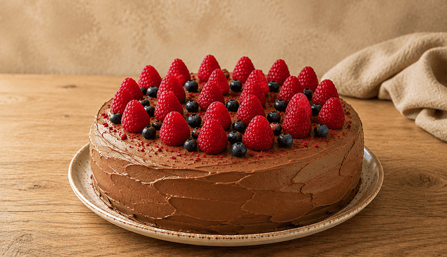 Vegan chocolate-raspberry cake with fresh berries on a plate.