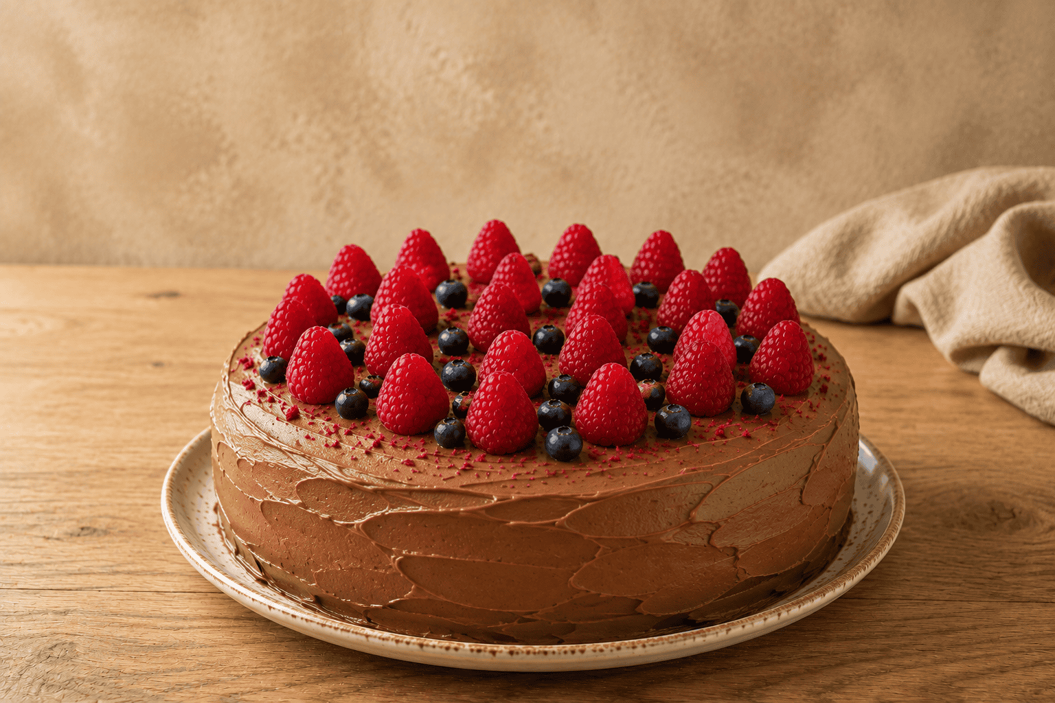 Vegan chocolate-raspberry cake with fresh berries on a plate.